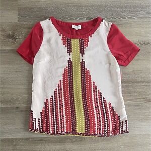 Anthropologie Geometric Silk Blouse Medium Short Sleeve Retro